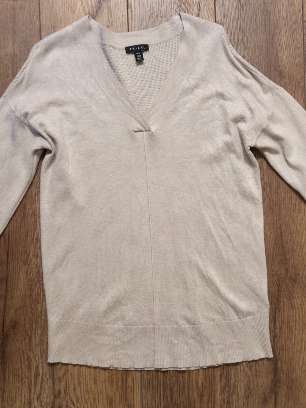 Tribal Beige V-Neck Lightweight Sweater